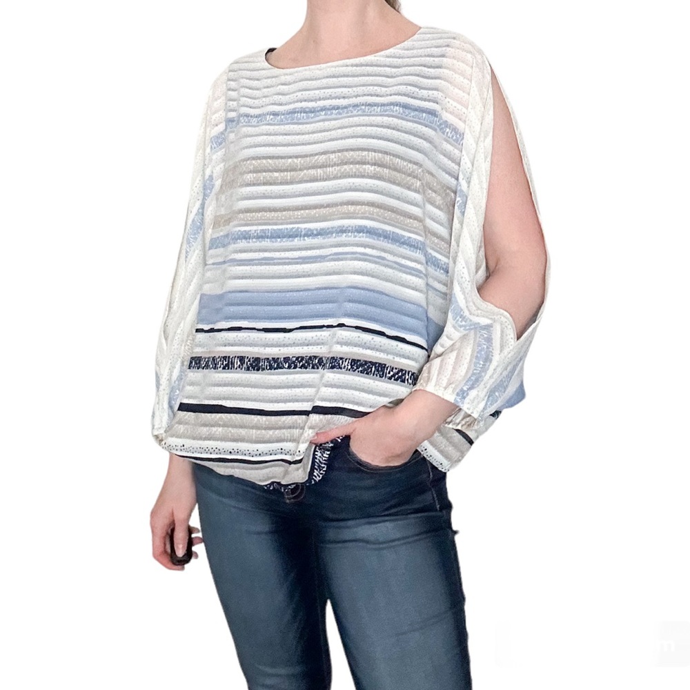 Coco Bianco blue white open sleeve slit blouse striped chiffon top shirt